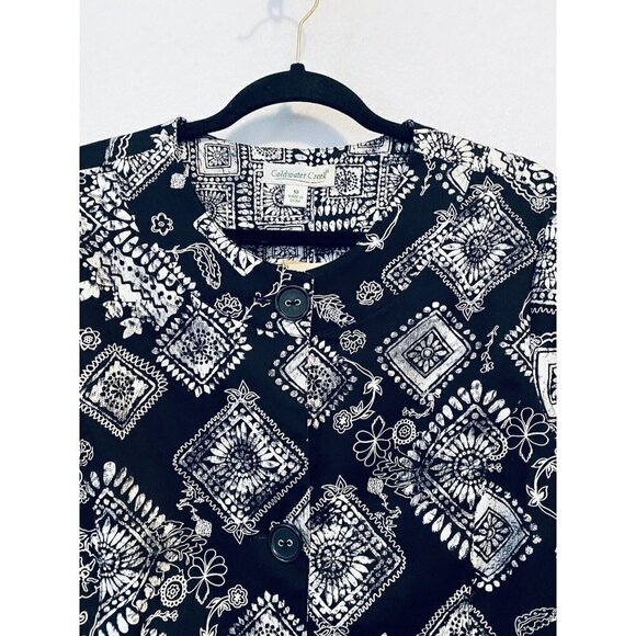 Coldwater Creek Jacket Womens 10 Tile Stamp Print Button Front Lined Black White - Picture 2 of 7